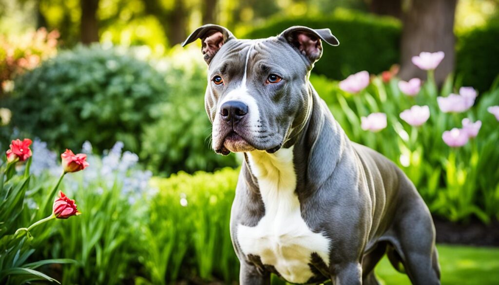 Blue Nose Pitbull in einer geräumigen Gartenumgebung