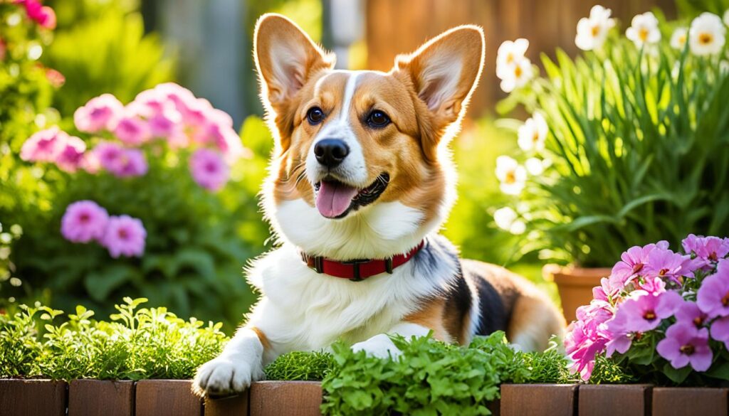 Corgi-Beagle Mix im Garten