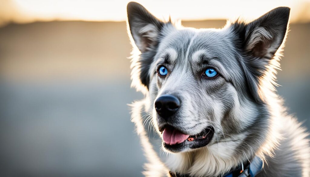 Grauer Hund mit blauen Augen
