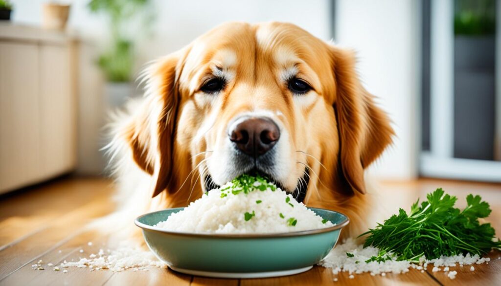 Hund isst Reis