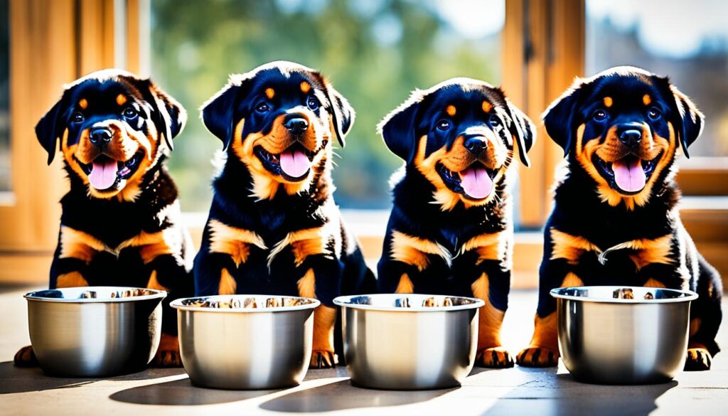 Rottweiler-Welpen sind bereit, gefüttert zu werden